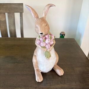 Resin Easter Bunny Holding a Tulip Figurine Vintage Inspired Easter decor